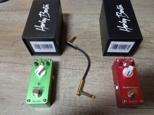 Pedales HB MiniStomp Green Tint ( Tube Screamer  ) + Sucker Punch ( MXR M115 ) + Cable conectores dorados