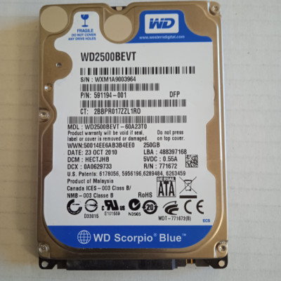 Disco duro 250GB 2,5" WD WD2500BEVT (Test OK)