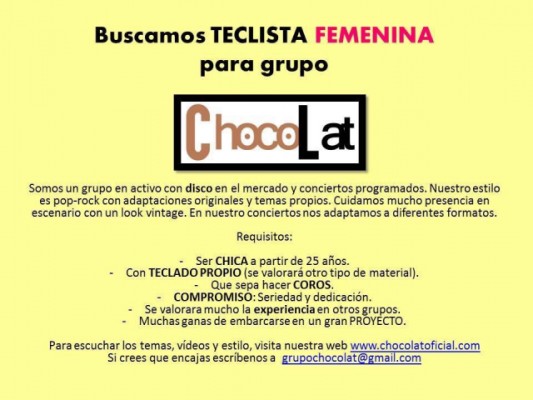 Teclista femenina para grupo Chocolat