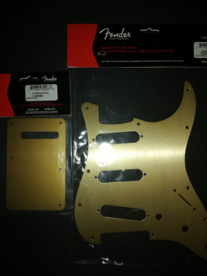 Set Pickguard Fender Stratocaster Gold anodizado + tapa trasera