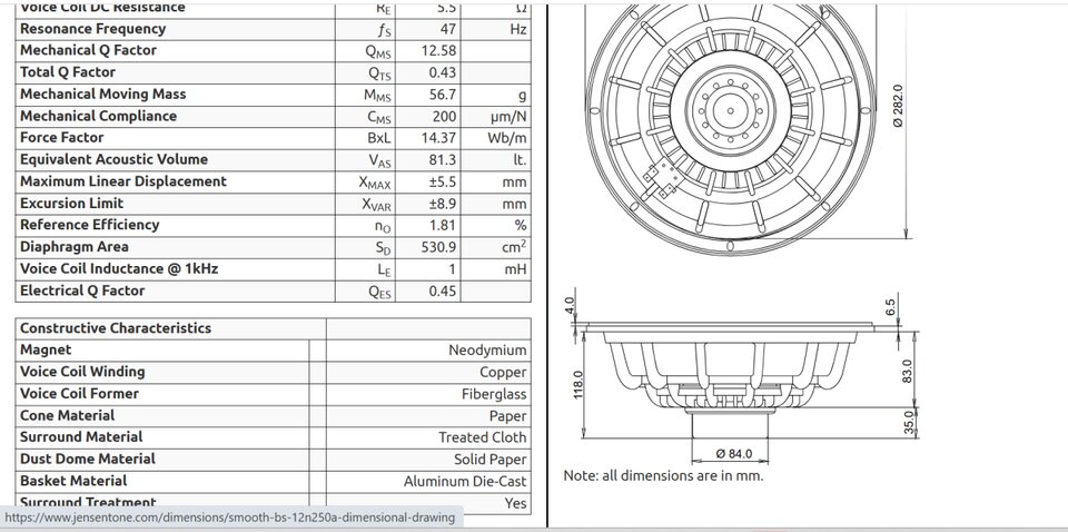 Altavoz Jensen Smooth Bass BS 12N/250A,8 ohm y 250W