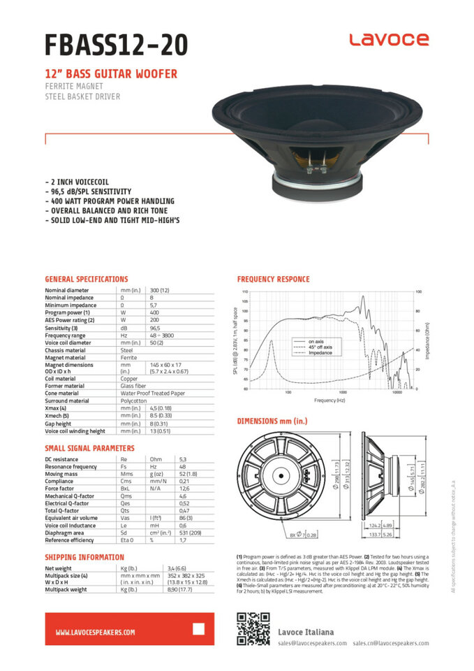 Altavoz Lavoce FBASS12-20 12" Ferrite.