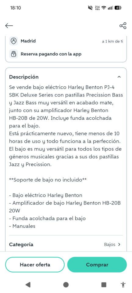 Bajo eléctrico Harley Benton PJ-4 SBK Deluxe Series y amplificador 20W bajo de segunda mano · Foto 7 de 7 · Madrid · 150 €