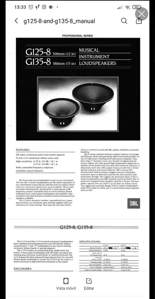 Altavoces Guitarra JBL G125-8, con Regalo!