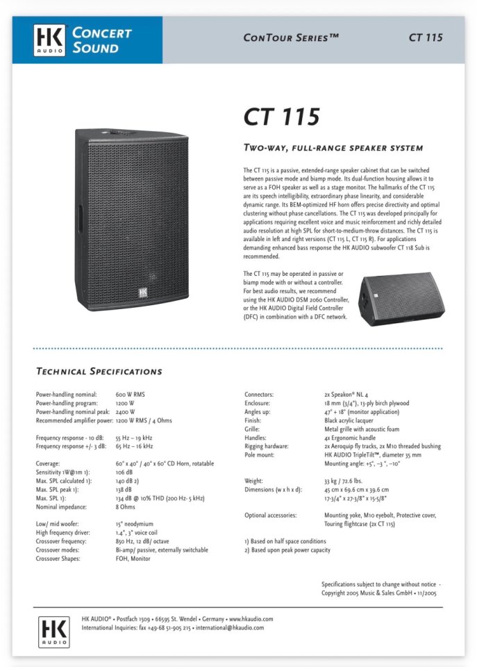 Altavoz pasivo alta gama HK Audio CT 115, en perfecto estado, nueva desprecintada para demostracion. de segunda mano · Foto 5 de 6 · Huesca · 750 €
