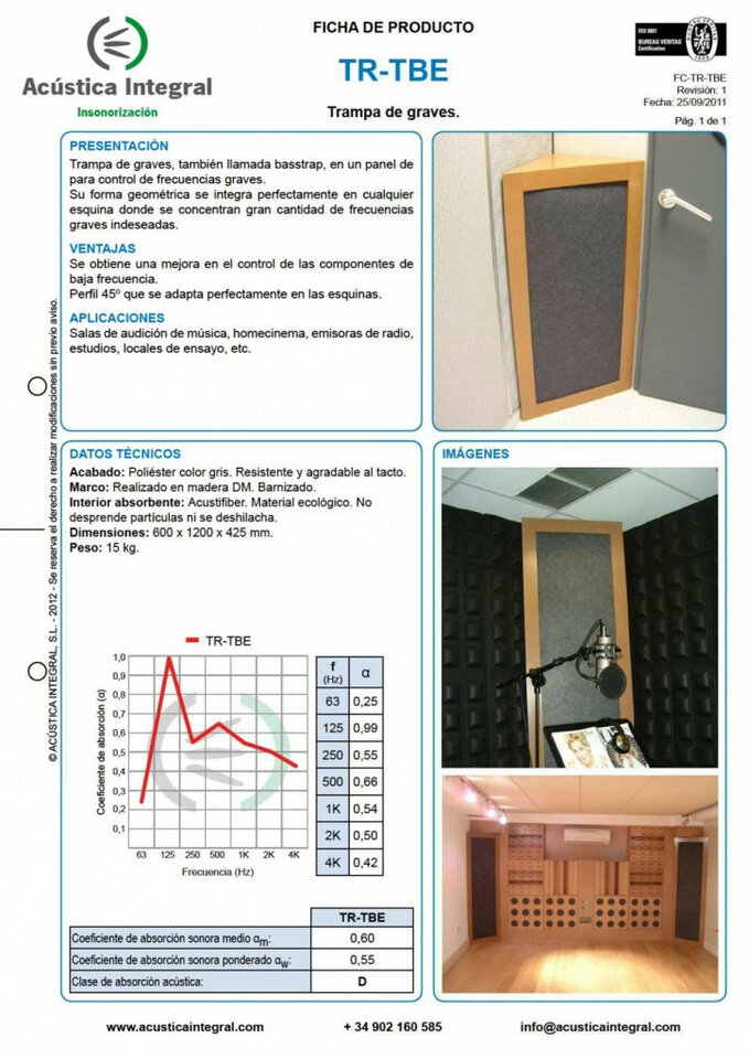 Trampa de graves TR-TBE altura 2,4m 2,1m de Acustica Integral