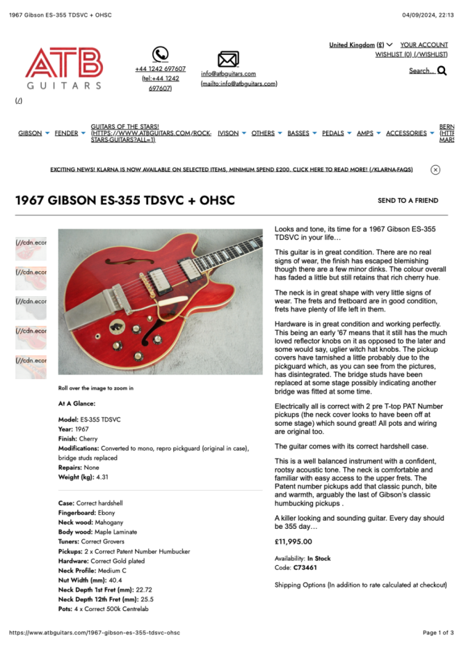 Gibson ES-355 TDSV Cherry Red 1967 de segunda mano · Foto 8 de 8 · Alicante · 12995 €