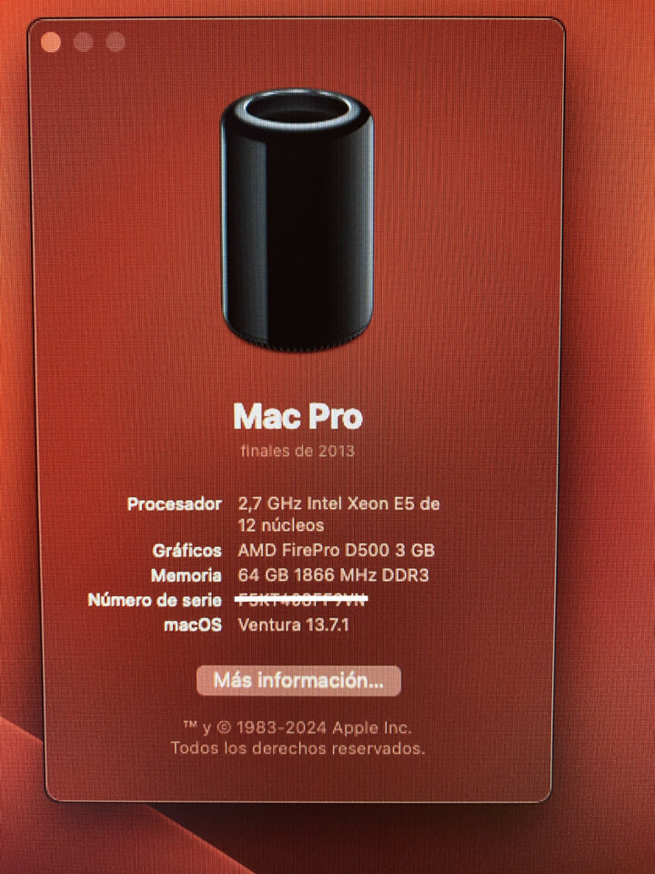 Oportunidad-Apple Mac Pro 6,1,12 cores/64gb ram/2TB ssd/D500 1 año garantía
