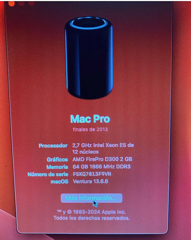Oportunidad-Apple Mac Pro 6,1 12 cores/64gb ram/1tb ssd/D300 1 año garantía