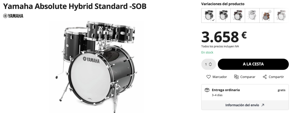 Batería Acústica Yamaha Absolute Maple Hybrid Solid Black CON FUNDAS