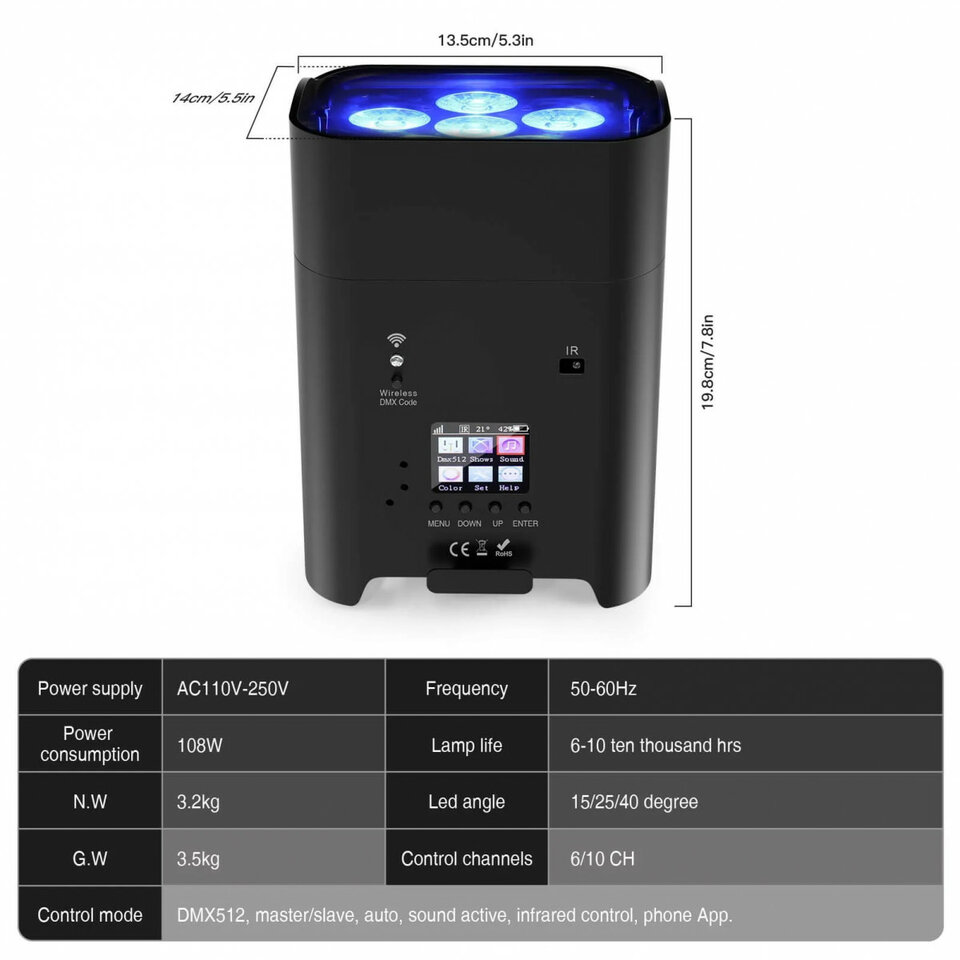 Set 2 focos LED WASH de 108W recargables RGBWA UV