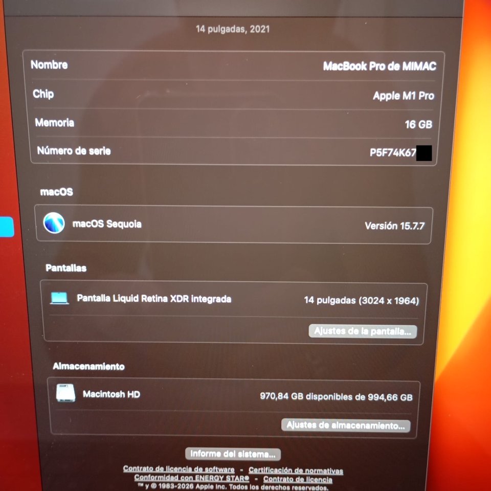 MacBook Pro 14P 2021 M1 Pro 16gb 1Tb ssd, garantía- de segunda mano · Foto 3 de 8 · Girona · 875 €