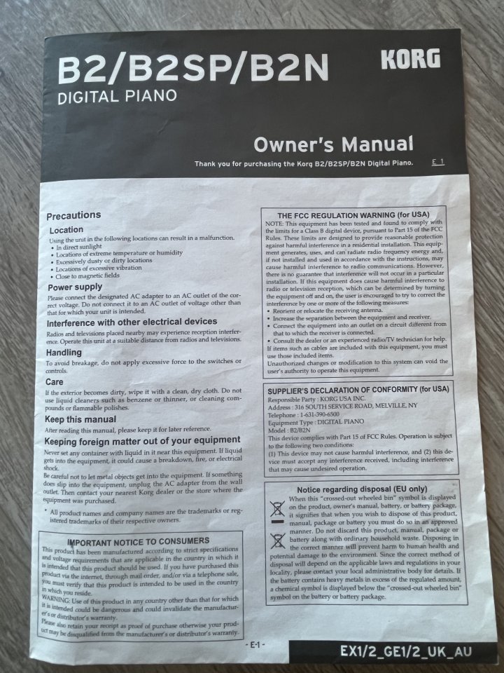 Piano digital Korg en color negro, modelo B2/B2SP/B2N