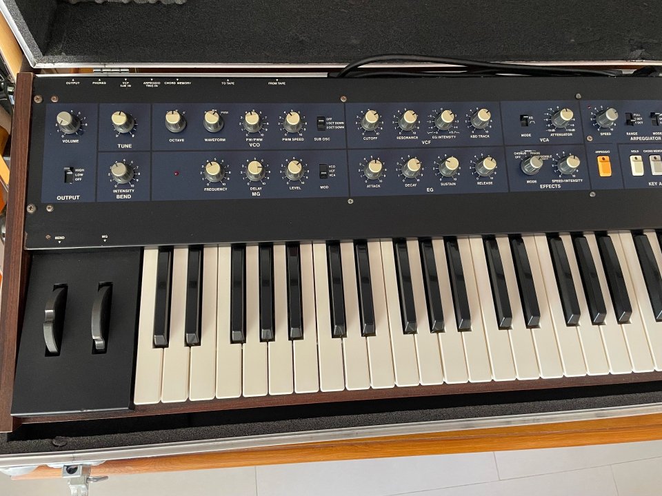 Korg Polysix con placa nueva y flightcase.