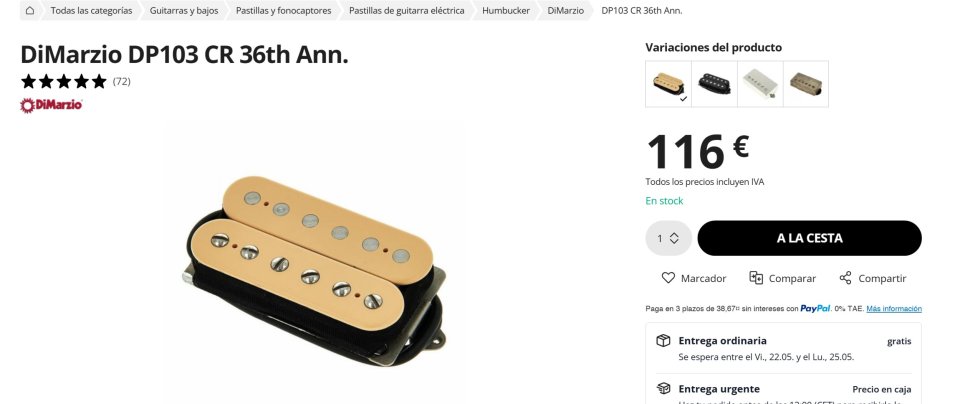 DiMarzio DP103 (PAF 36th Anniversary) NECK/BRIDGE (también cambio) de segunda mano · Foto 2 de 3 · Madrid · 80 €