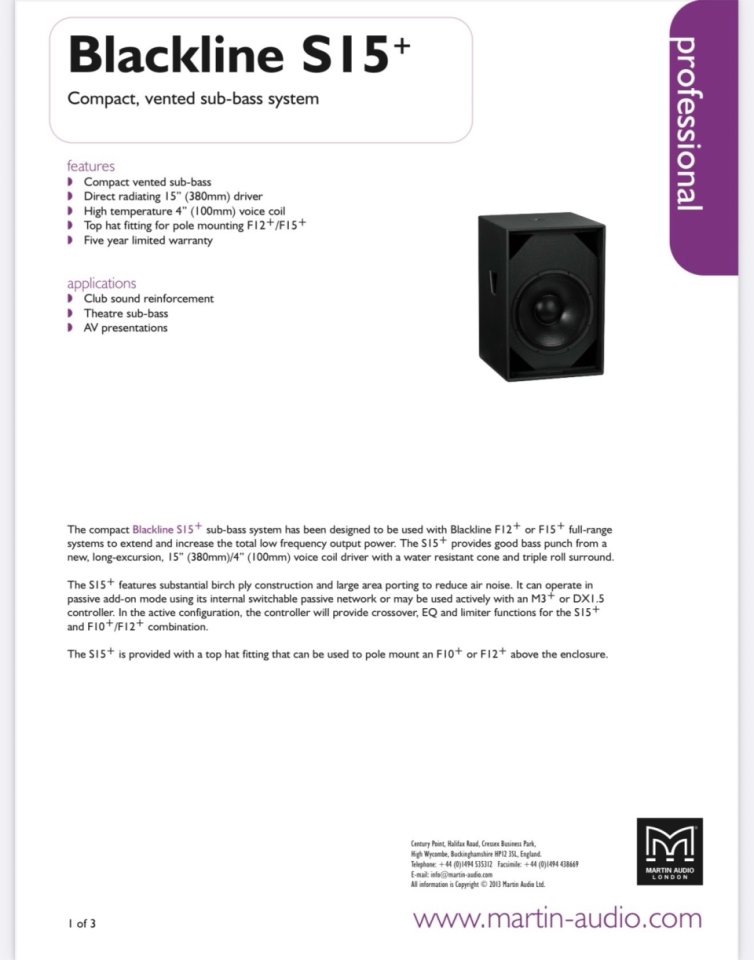 Subgraves nuevos pasivos (no autoamplificados) Martin Audio S-15+ de segunda mano · Foto 5 de 6 · Huesca · 600 €