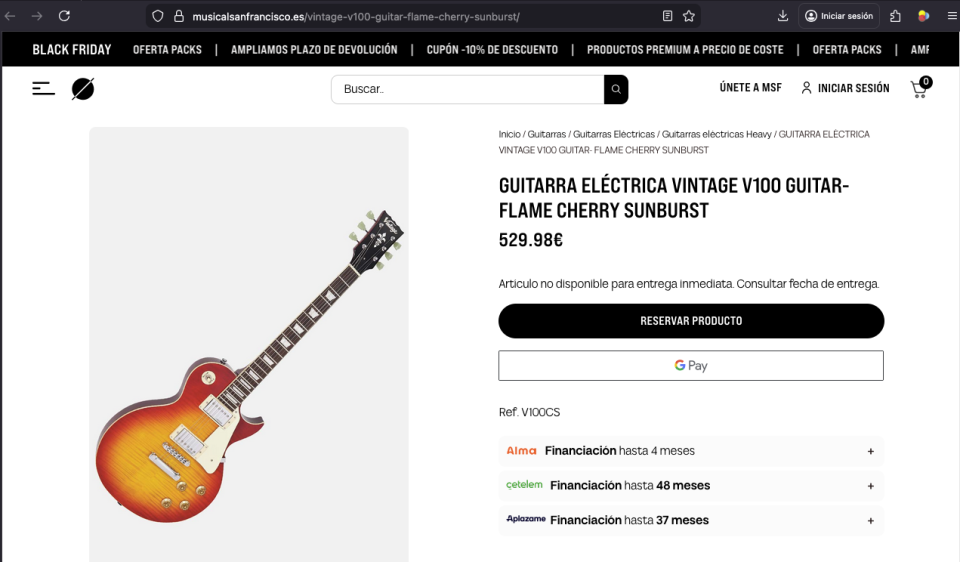 Vintage V100 Les Paul Flame Cherry Sunburst con estuche