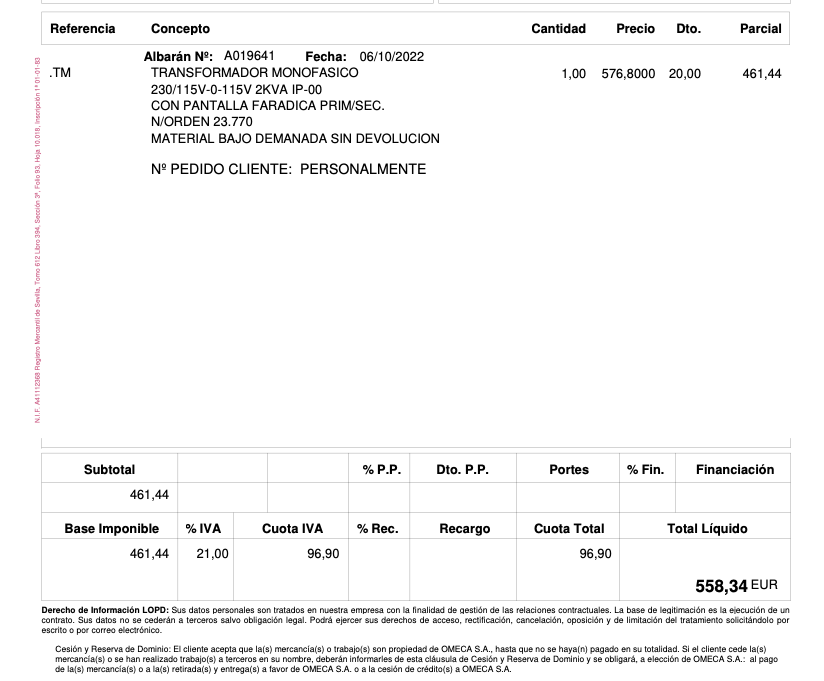 Transformador Monofásico OMECA para estudio de grabación.