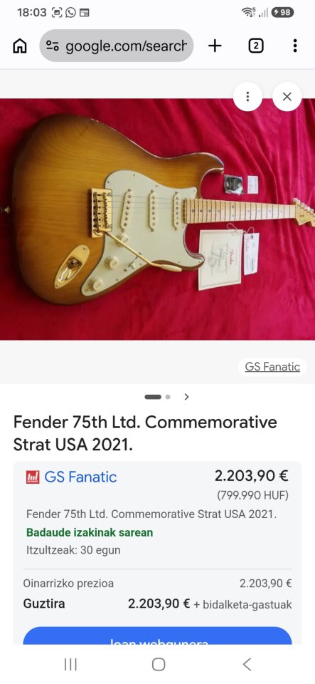 Guitarra Fender Estratocaster AM 75 Anniversary de segunda mano · Foto 5 de 10 · Cádiz · 1750 €
