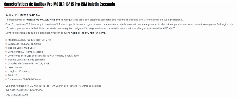 Audibax Pro MC XLR 16415 Pro 15M manguera Cajetín Escenario multicore NUEVO
