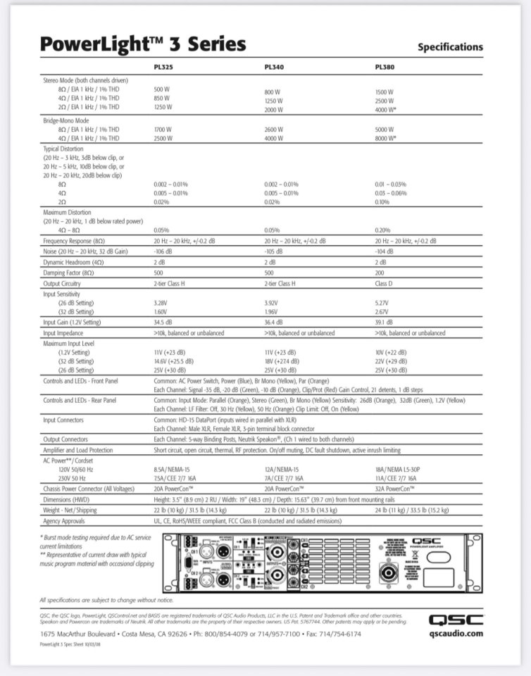 Etapas de potencia QSC PowerLight PL325 nuevas precintadas de segunda mano · Foto 3 de 3 · Huesca · 1000 €