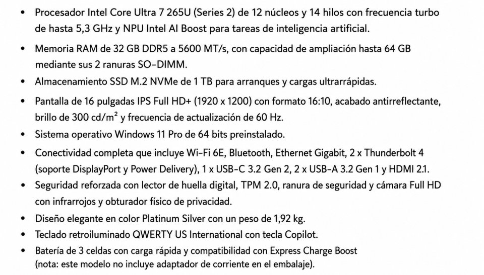 Portátil Dell Pro 16 Plus Ultra 7 32GB 1TB SSD de segunda mano · Foto 5 de 6 · Girona · 1050 €