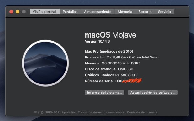 Apple Mac Pro 5,1 - 12 Core (2 x 3,46Ghz 6-Core) - 96GB RAM - 8GB GPU de segunda mano · Foto 6 de 10 · Granada · 500 €