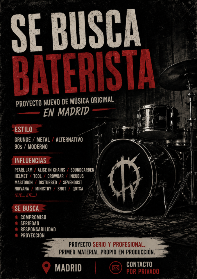 Se busca Batería para Nuevo Proyecto de Metal-Grunge-Alternativo de segunda mano · Madrid