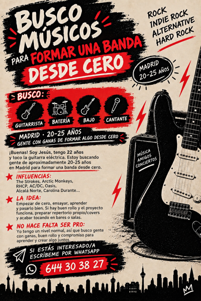 Guitarrista de 22 años busca gente para formar un grupo de rock de segunda mano · Madrid