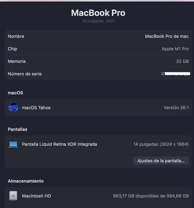 MacBook Pro 14P  2021 M1 Pro 32GB 1Tb ssd, garantía-  RESERVADO