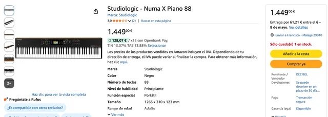 Studiologic Numa X Piano 88 teclas contrapesadas de segunda mano · Foto 9 de 9 · Málaga · 900 €