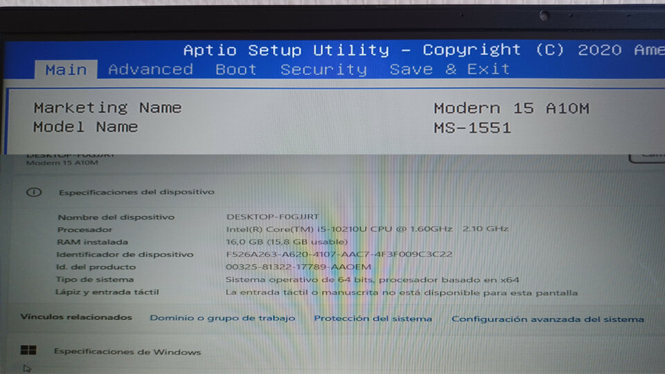 Ordenador portátil MSI Modern 15. i5 10ªGen. 16GB DDR4. NVMe 500GB. 1080FHD