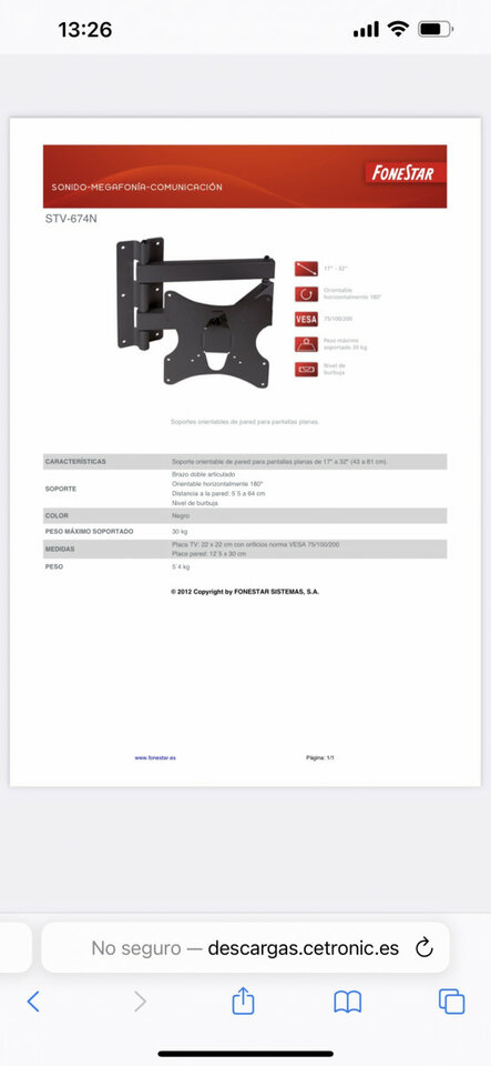 Fonestar soporte de Tv nuevo , orientable de pared  , doble brazo