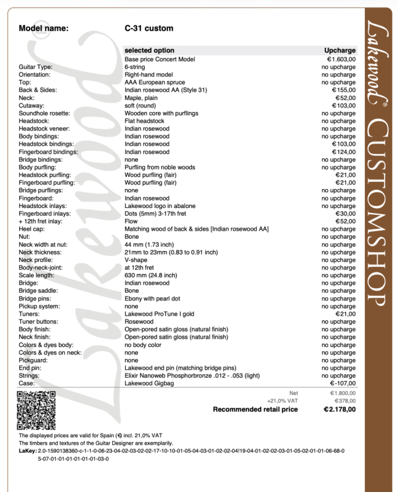 o cambio Acustica Lakewood C-31 Custom tamaño Concert OO Parlor