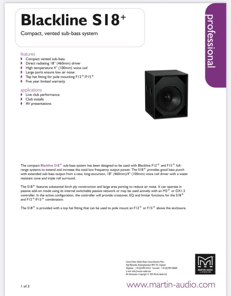 Subgraves pasivos (no autoamplificados) Martin Audio S-18+ Nuevos de segunda mano · Foto 3 de 5 · Huesca · 750 €