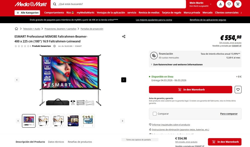 Pantalla de proyección Professional ESMART MIMOBI 180 pulgadas + maleta