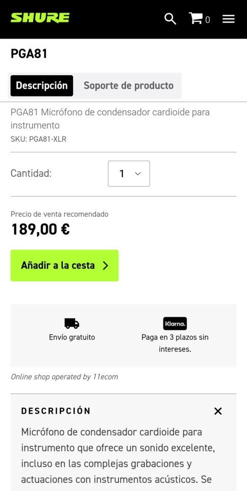 Shure PGA81 Micrófono condensador cardioide para instrumento