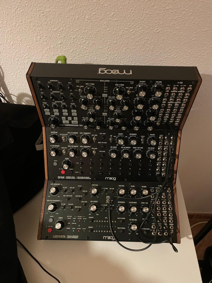 Moog Subharmonicon, DFAM, Labyrinth y soporte, mixer, cables, funda, etc