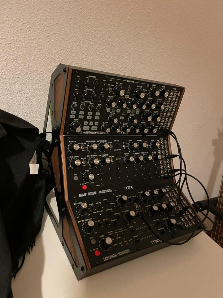 Moog Subharmonicon, DFAM, Labyrinth y soporte, mixer, cables, funda, etc