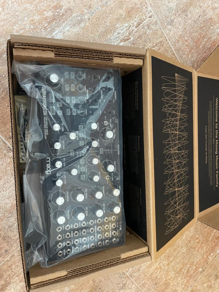 Moog Subharmonicon, DFAM, Labyrinth y soporte, mixer, cables, funda, etc