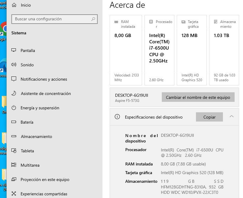 Ordenador portátil Acer i7 6500U. Ram 12GB DDR4. SSD 128GB+1TB HDD de segunda mano · Foto 9 de 9 · Madrid · 200 €