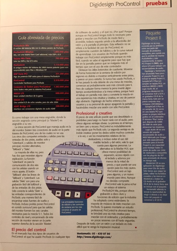 Controladora Digidesign Procontrol y sistema de grabación Protools oferta de cuesta de enero 1900€