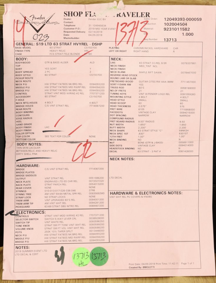 Fender Stratocaster Custom Shop Limited 63' Heavy Relic in Shell Pink - 2019