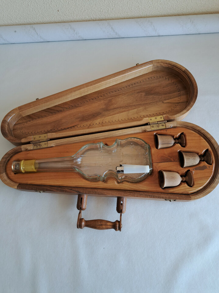 Raro violín botella cristal relieves 3 tazas madera estuche Acepto Ofertas