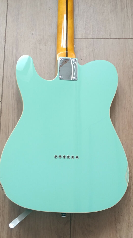 Telecaster Partcaster green surf foam binding mástil block inlays Bigsby