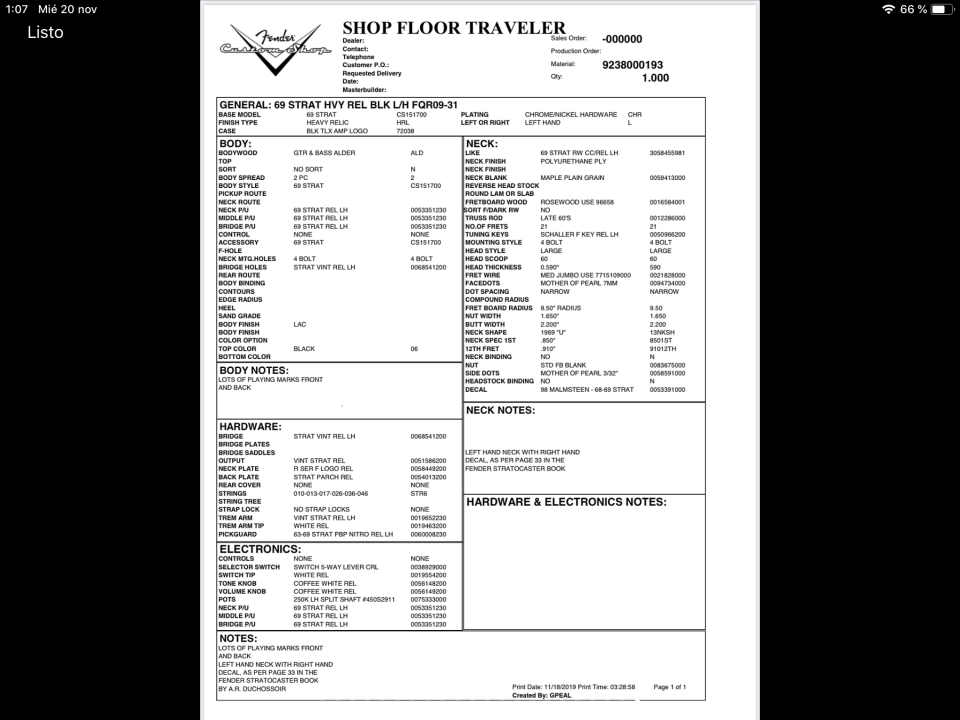 Stratocaster 69 custom shop zurdos