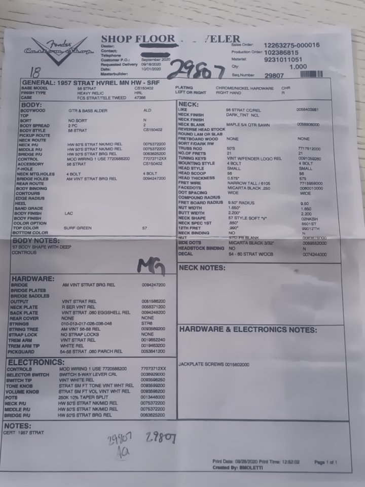 Pickguard Fender Stratocaster 50' CS completo bobinado a mano