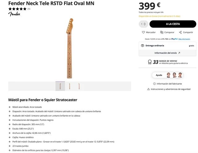 Mastil FENDER TELECASTER Roasted flat oval - como nuevo ! de segunda mano · Foto 2 de 9 · Alicante · 250 €