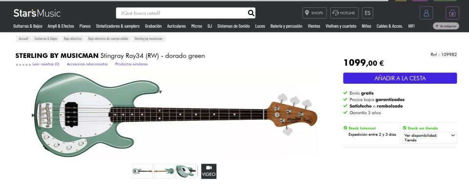 Musicman Sterling StingRay Ray34 Dorado Green (Sherwood Green) con extras de segunda mano · Foto 10 de 10 · Lugo · 849 €