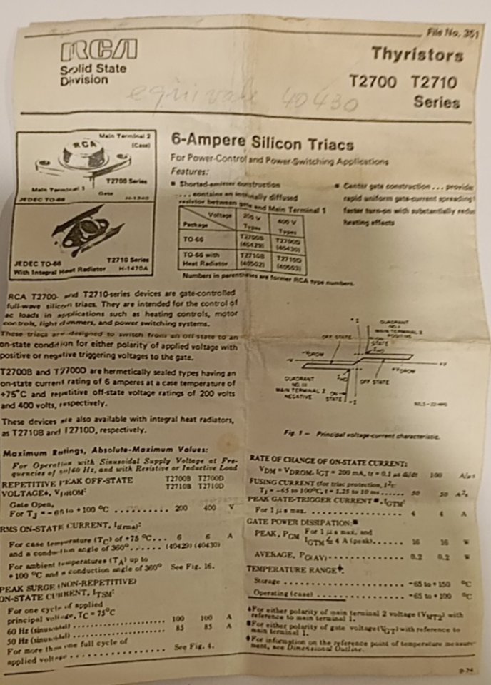 TRIAC RCA T2700D 6A 400V TO-66 NOS Vintage (40430) de segunda mano · Foto 3 de 4 · Barcelona · 4 €